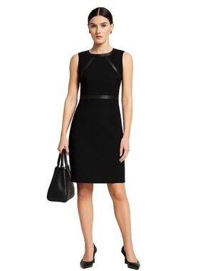 Lafayette 148 Black Leather Trim Sheath Dress 2P Petite Luxury Workwear